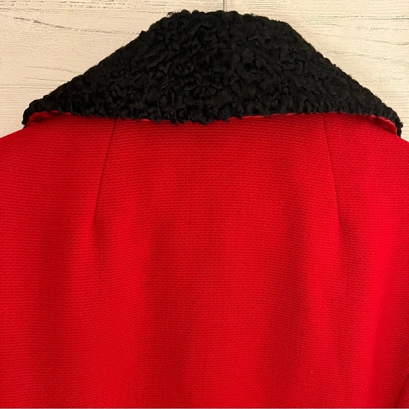 RARE!! VTG 1960s Red Wool Princess Coat S-M Double Breasted Persian Lamb Trim - Picture 7 of 16
